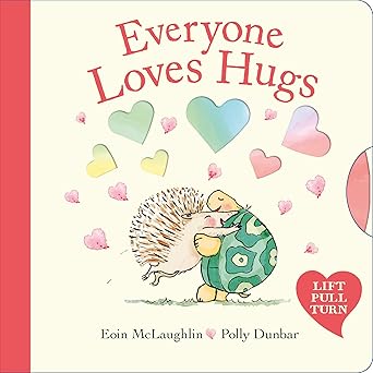 Book cover of 'Everyone Loves Hugs' with hedgehogs hugging and colorful hearts.