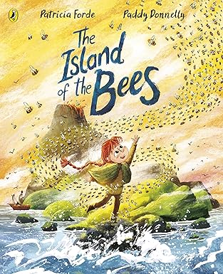 Book cover of 'The Island of the Bees' with a child on rocks and bees around.