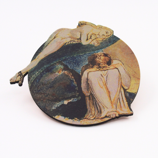 Side View of cork-backed coaster depicting Plate 4 of 'Visions of the Daughters of Albion' by William Blake