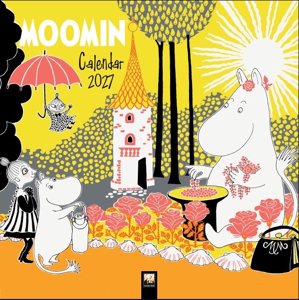Moomin-themed 2027 wall calendar cover featuring Moomin characters and illustrated scenery in a stylized graphic design. The cover includes the title 'MOOMIN Calendar 2027' and shows characters such as Moomin, Tintin, and the Cat in a yellow, orange, black, and white illustration.