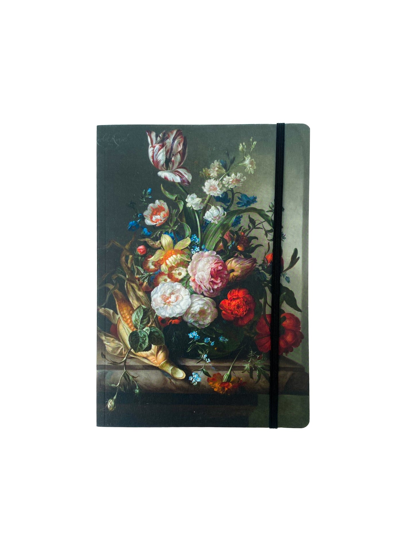 A notebook with a floral pattern, featuring a vase with various flowers and an ear of corn, in a dark color background, secured with an elastic strap.