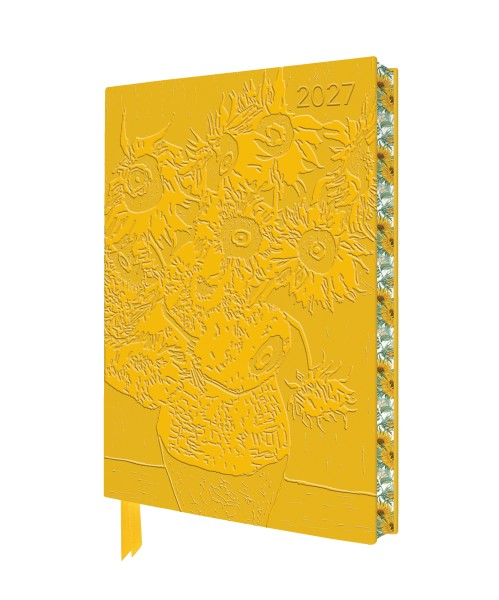 A 2027 daily planner with an embossed yellow floral cover, featuring a ribbon bookmark and a decorative spine with clear rhinestones, shown on a white background.