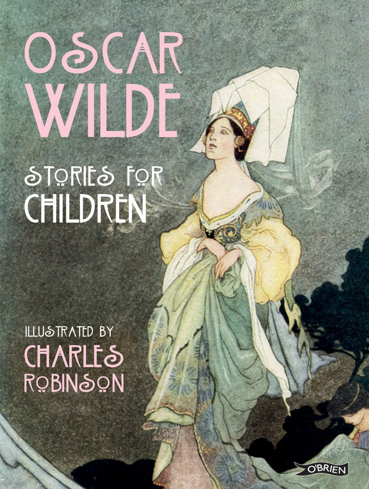An intricate illustration of a woman in a medieval, fairy tale style dress walking against a grey background. The title is down the left side in pink and white letters.