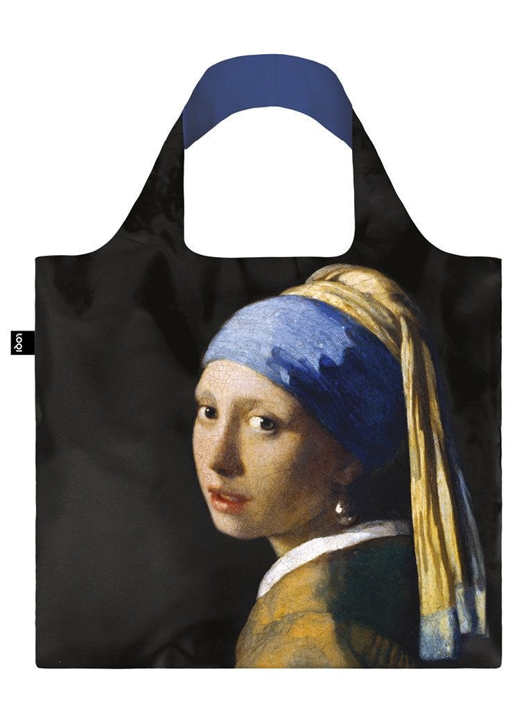 A square bag covered in a painting of a young woman wearing a pearl earring, a blue and yellow scarf wrapped around her head. The lining of the handle is a matching dark blue.