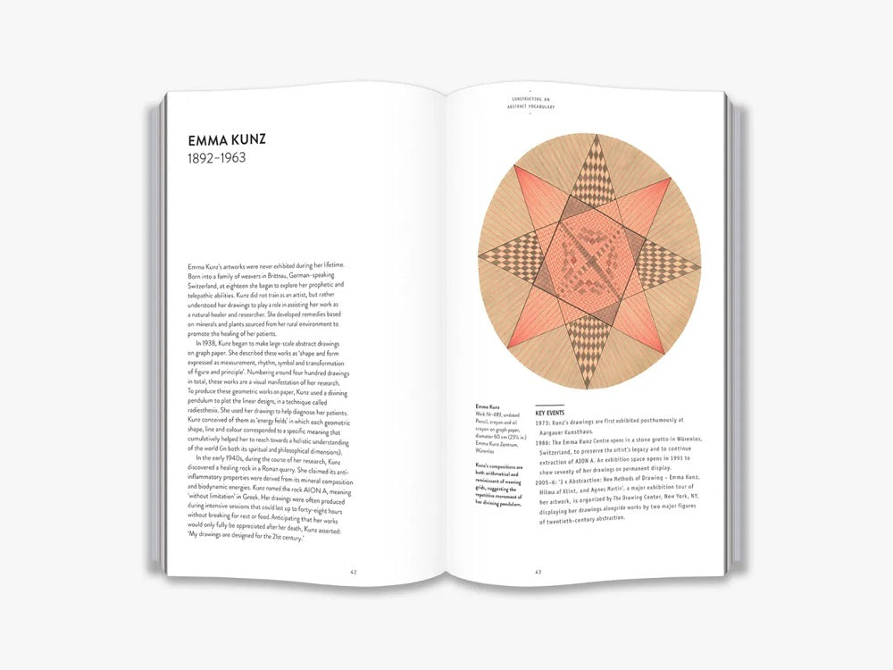 The right page is a geometric Kunz star image, with key events underneath. The left page is text about her.