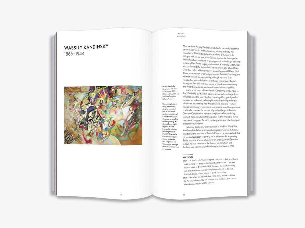 The left page is a colourful Kandinsky painting. The right is black text including a section of key events.