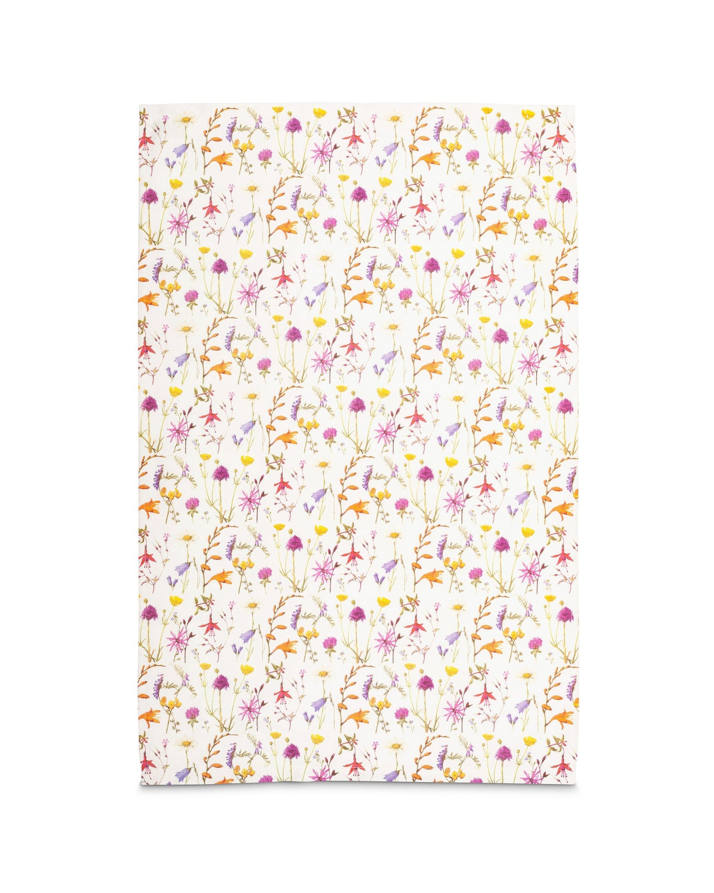 The rectangular tea towel laid out flat showing the repeating pattern of flowers.