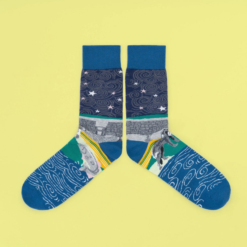 Blue socks with Newgrange, a wolfhound, & a salmon wrapping around, with a starry sky above and water below.