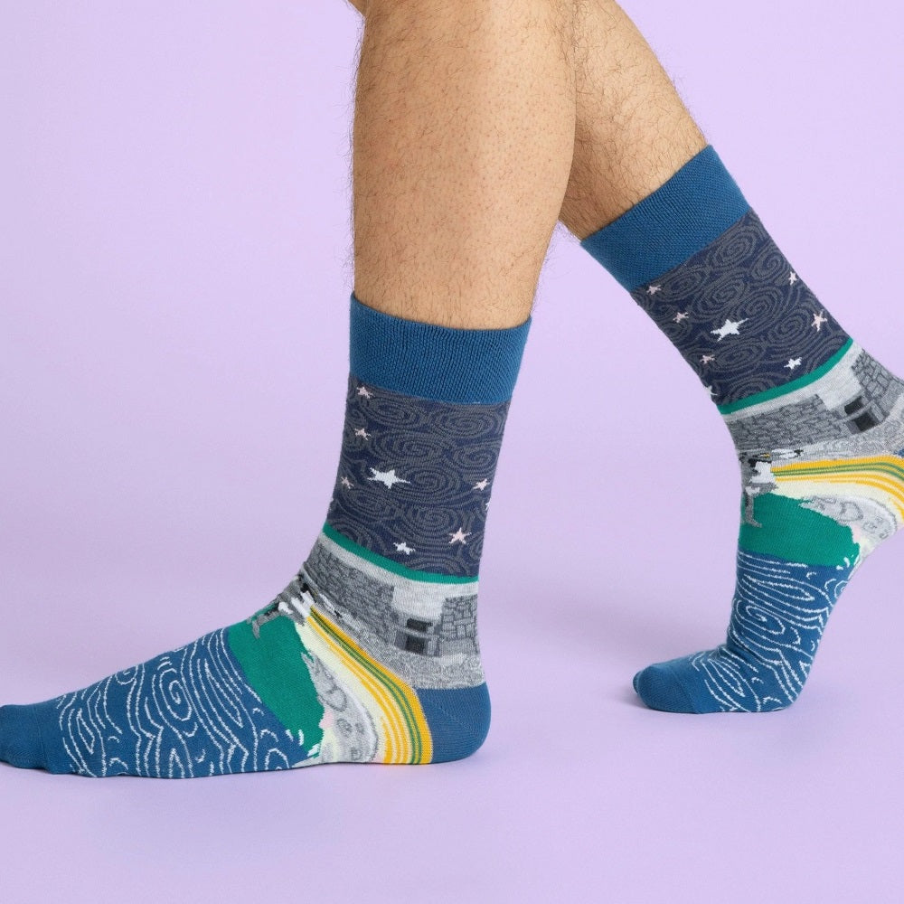 The socks on feet showing how they fit.
