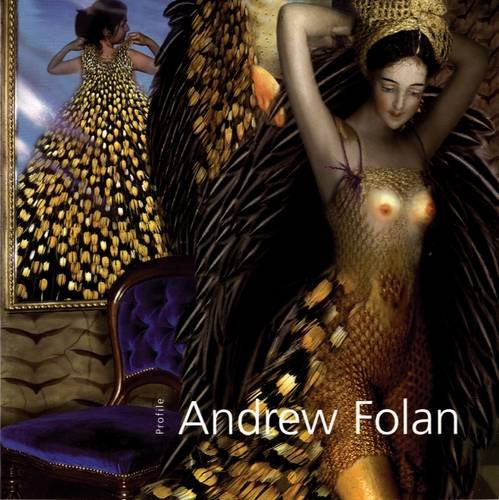 A painting of a woman in a black & gold feathery dress. Her back is reflected in a mirror. The title is in white on the bottom.