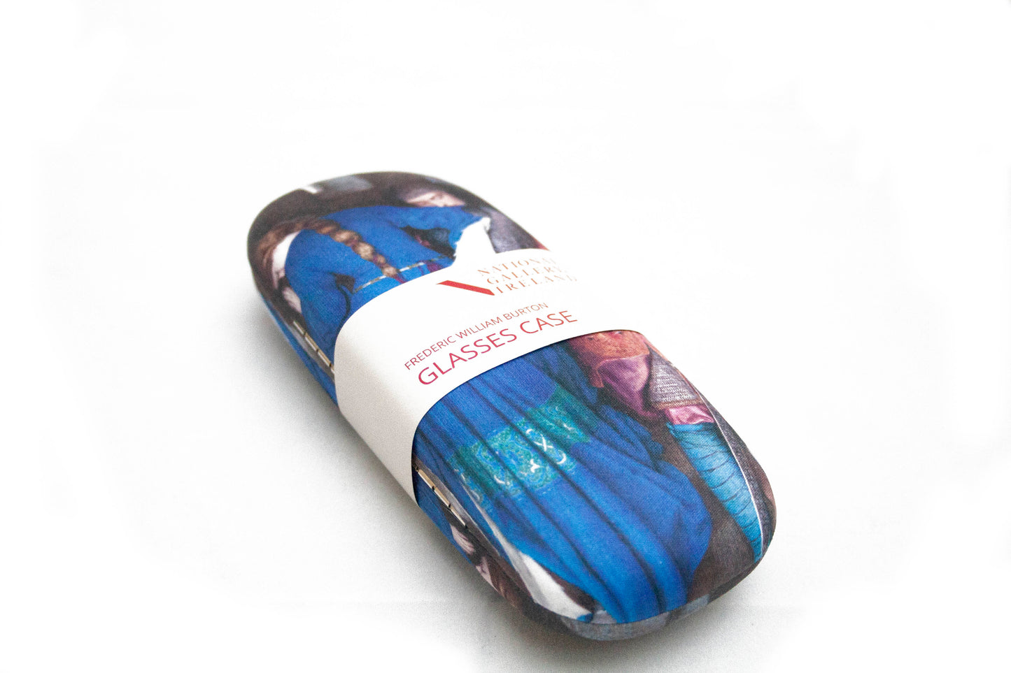 A glasses case of a man in mail and a woman in blue. The woman has her back to the viewer and her face turned from the man as they walk in opposite directions. He is embracing her arm as he descends. It has a label with its details across the middle.