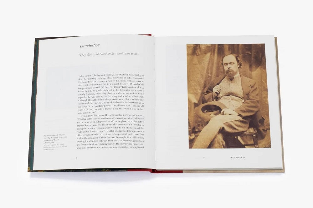 An old sepia photo of Rossetti, a white man in a chair, on the right page. On the left is the introduction text.