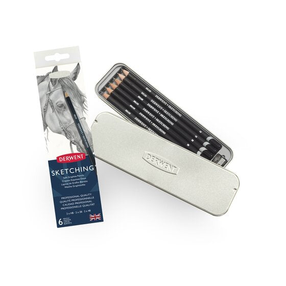 The previously described box beside an open metal tin. Six pencils and a sharpener are inside the tin.
