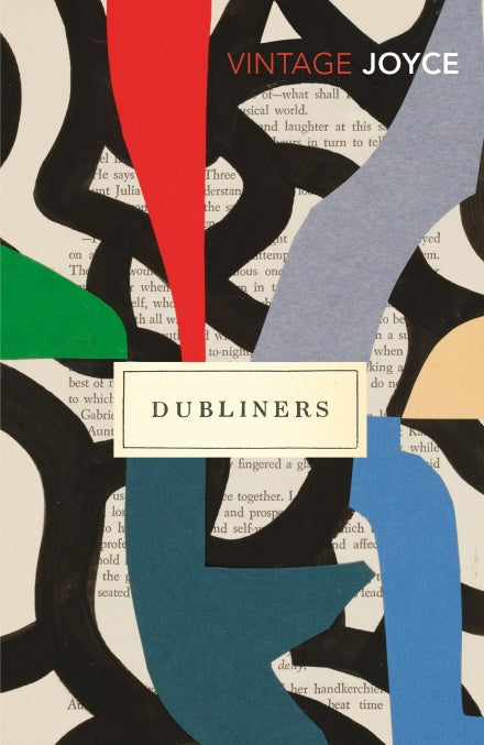 Different coloured shapes over a book page. A cream rectangle in the centre has the title in black text.