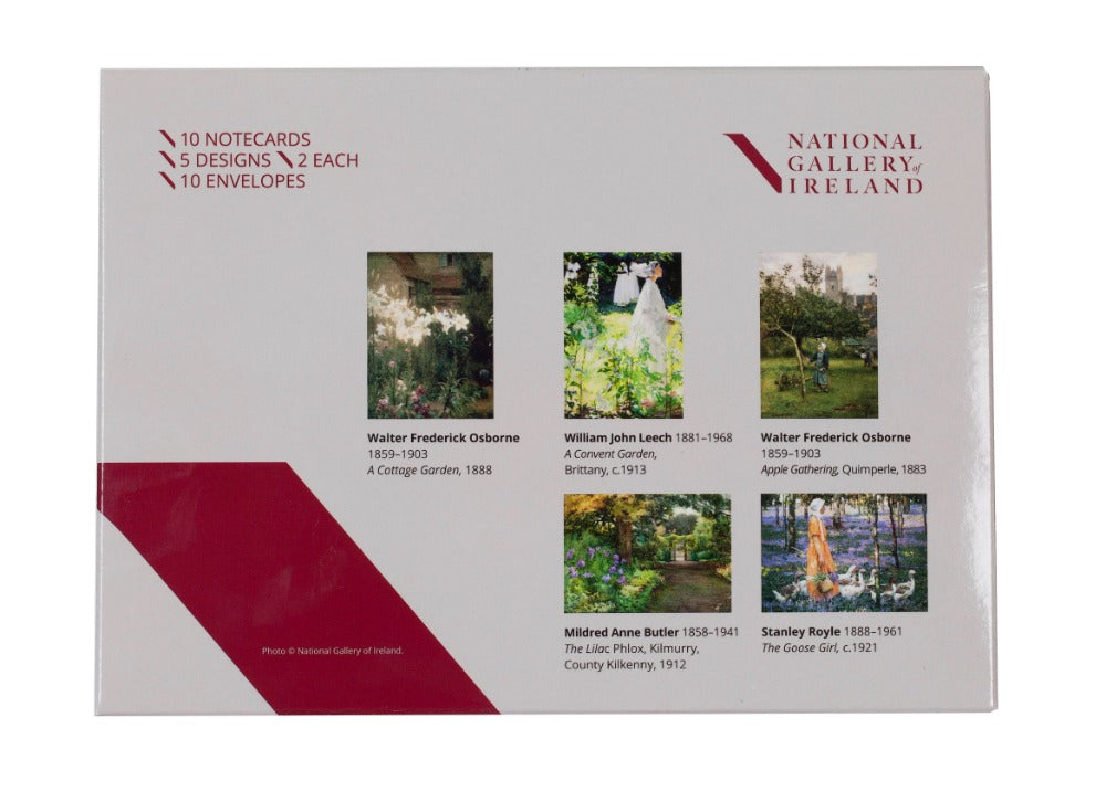 The back of the pack is a light grey with the products details in a wine colour. There are five small images of the cards that are in the set, all garden scenes.