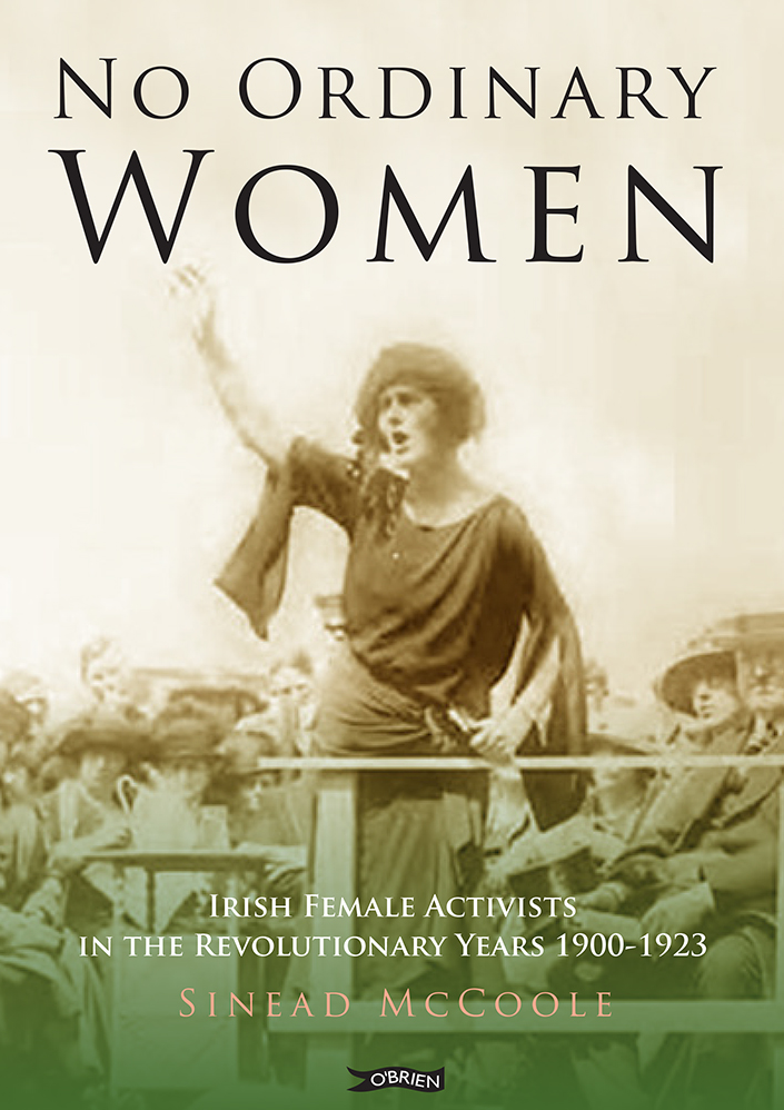 A sepia toned photo of woman standing, arm raised in the air, as she gives a speech with a crowd behind her. The title is across the top in thin, black capital letters.