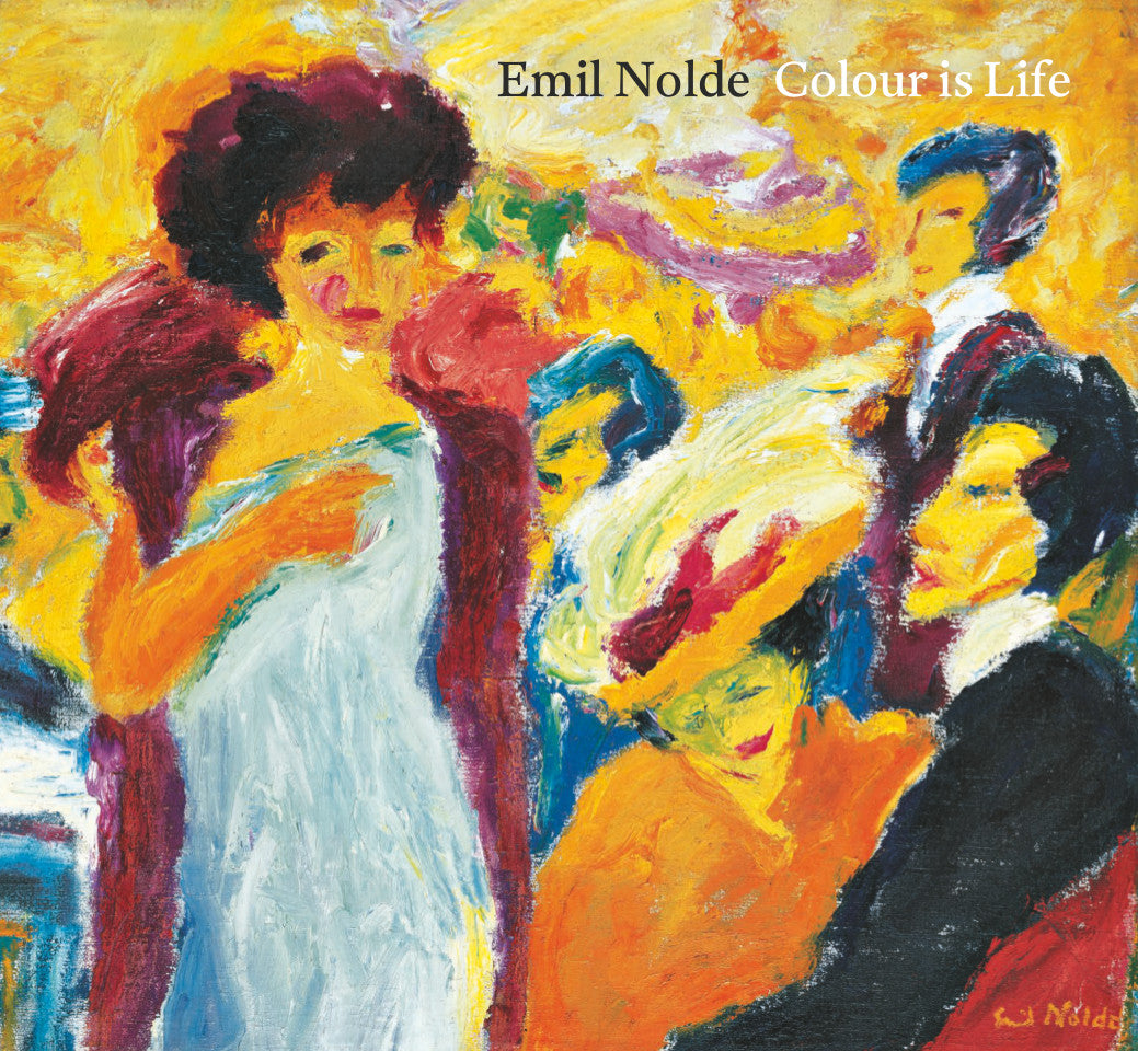 A brightly coloured expressionist painting, primarily in yellow, of people at a party. There are visible paint strokes. The title is in the top right in black and white thin letters.