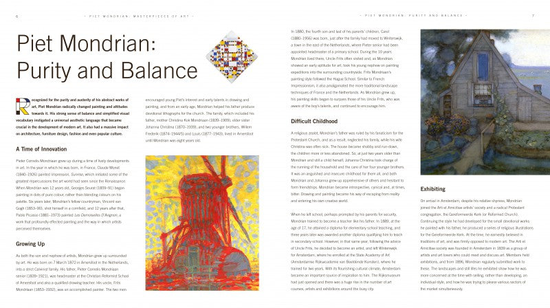 A two page spread from inside the book with text about Mondrian’s early life. On the left page in the bottom corner is an impressionist painting of a windmill in yellow and orange. On the right page in the top corner is a painting of a house.