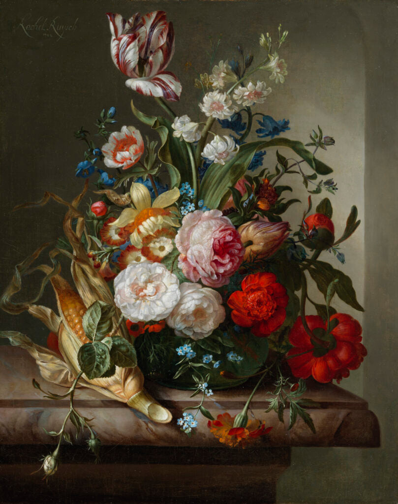 Full artwork of 'Vase of Flowers with an Ear of Corn' by Rachel Ruysch