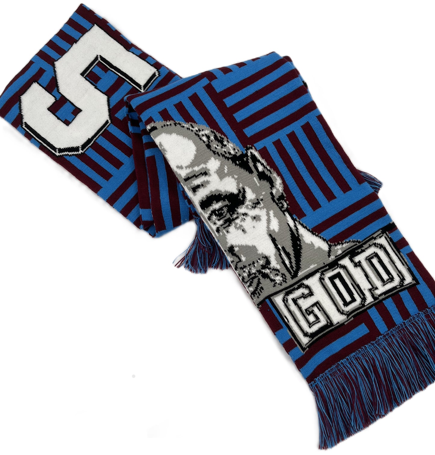 Blue and brown scarf with a graphic of the face of Paul McGrath and 'GOD' text on a white background