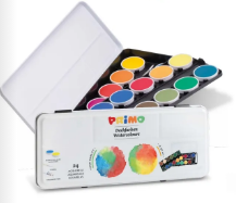 A set of 24 watercolor paints in a variety of colors, displayed in an open metal tin case.