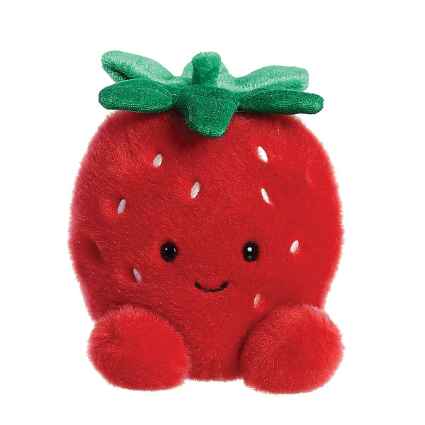 mall plush strawberry soft toy with red and green colors, featuring a smiling face. Fits in the palm of your hand, measures 13cm.