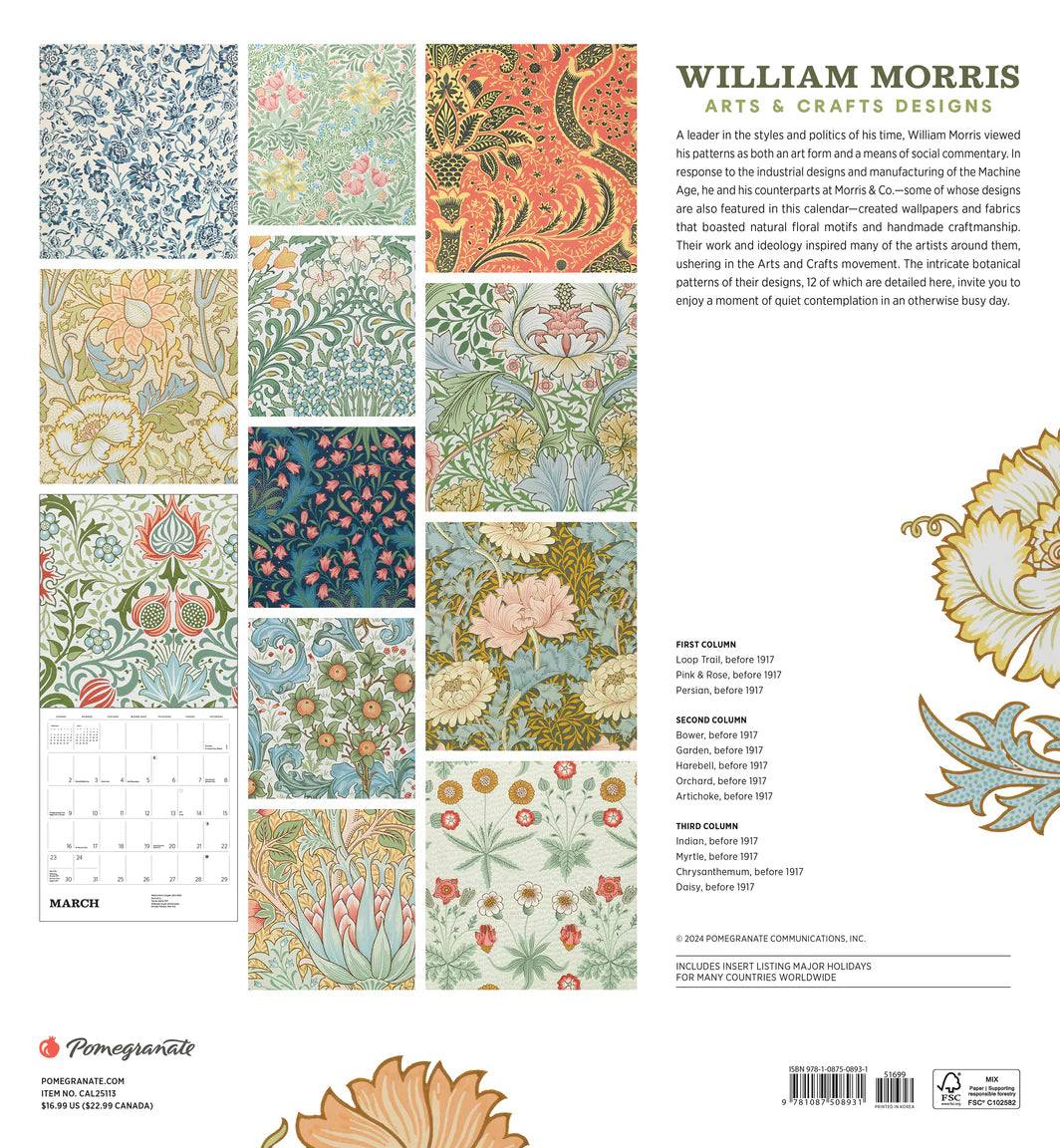 William Morris: Arts & Crafts Designs 2025 Wall Calendar