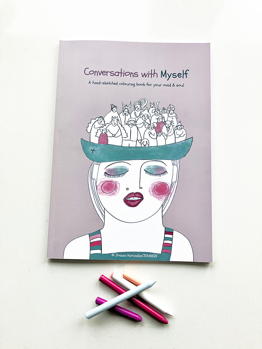 Colouring book titled 'Conversations with Myself' with illustration of a face and text on a white background