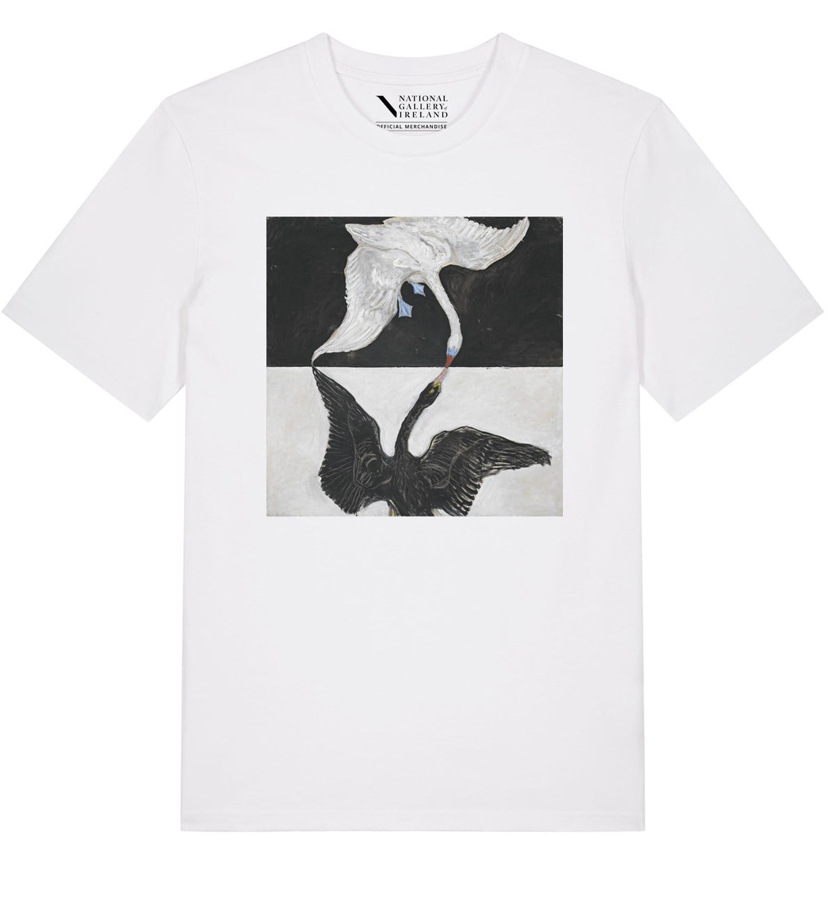A white short-sleeve crewneck t-shirt featuring a square graphic print of two swans in a black-and-white split design, with a small blue accent on the upper crane's beak. The brand 'National Gallery of Ireland' is printed inside the collar.