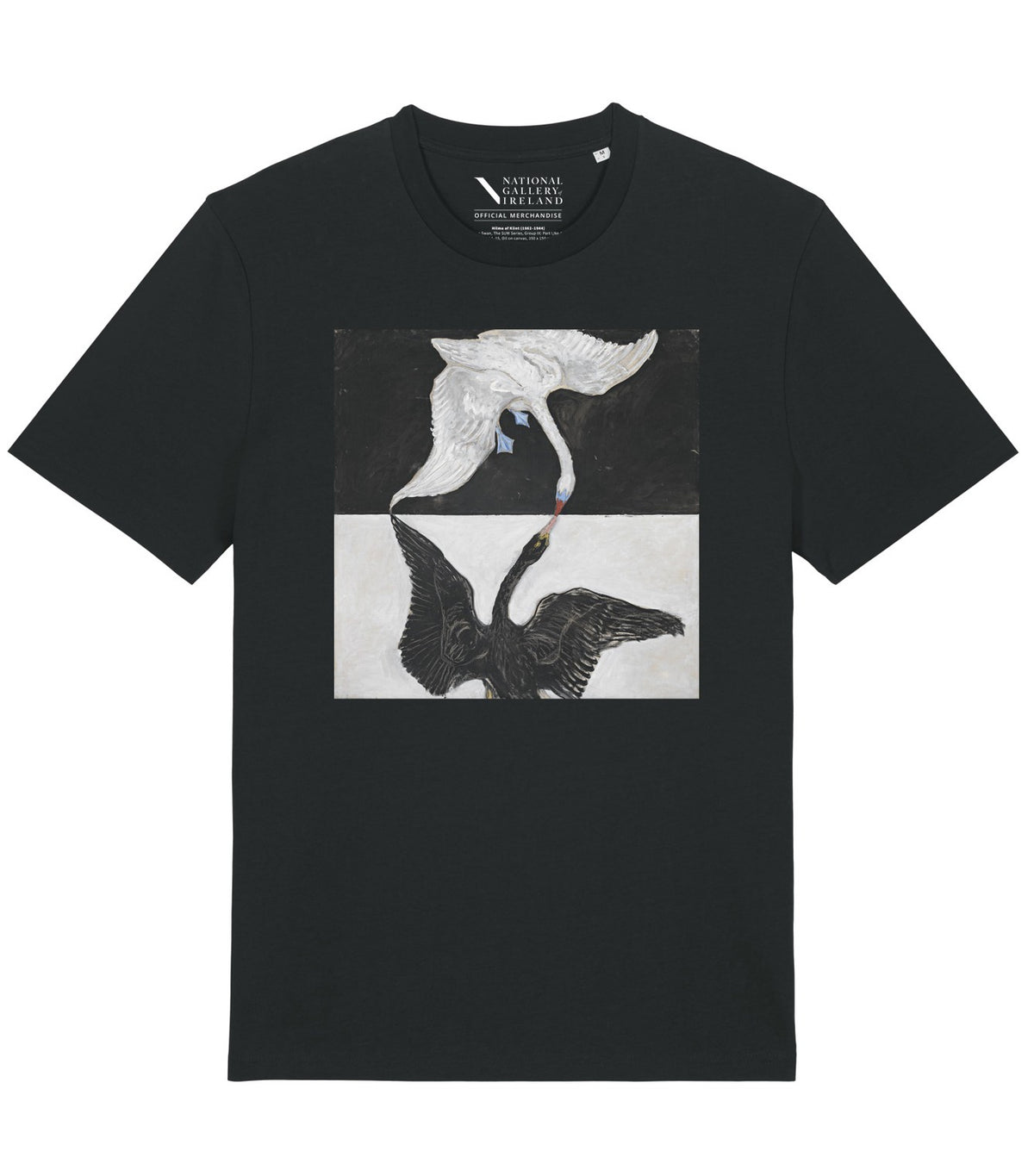 A black short-sleeve crewneck t-shirt featuring a square graphic print of two swans facing each other, one in white and one in black, on the front.