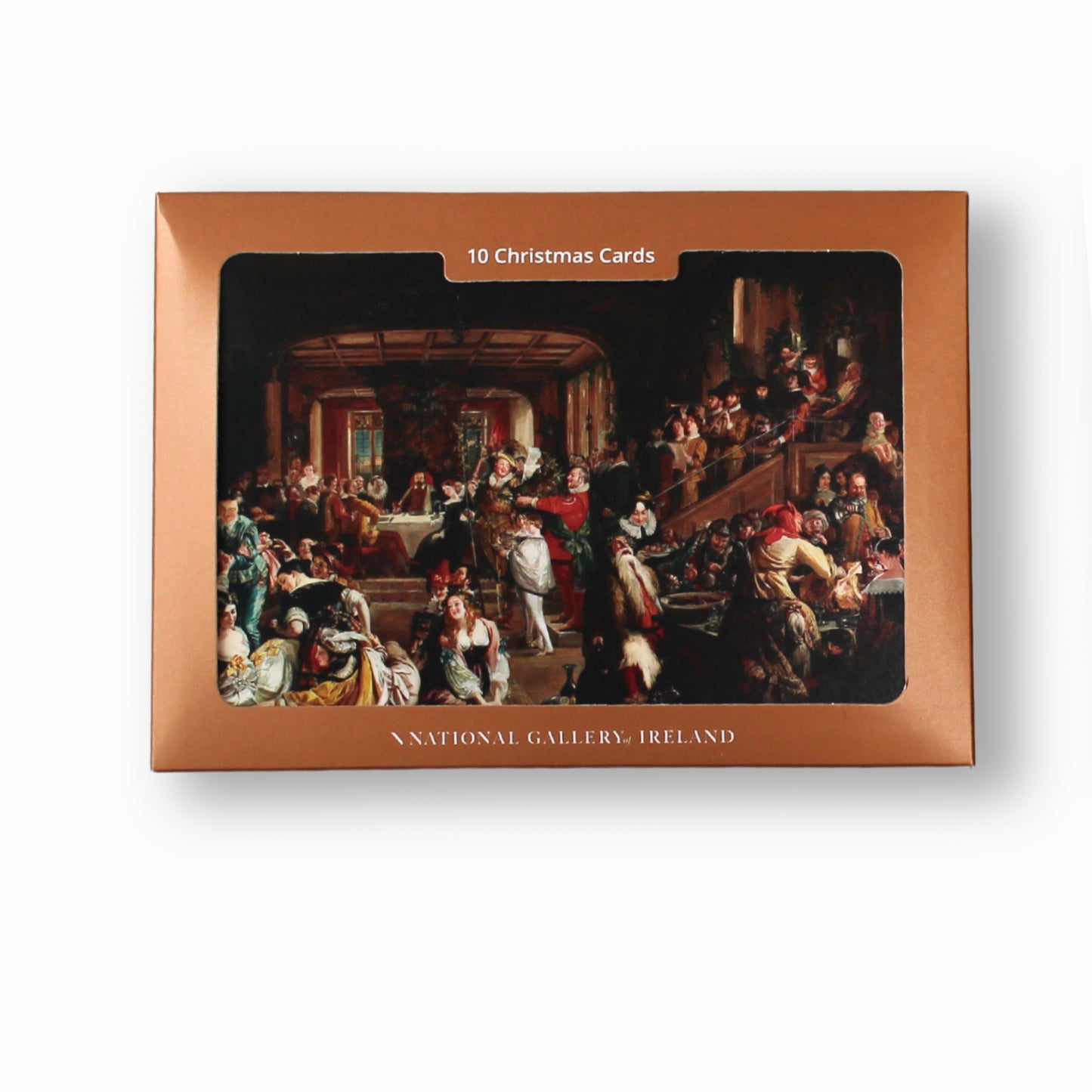 National Gallery of Ireland's Christmas card pack featuring Daniel Maclise's Merry Christmas in the Baron's Hall. Front of packaging shown.