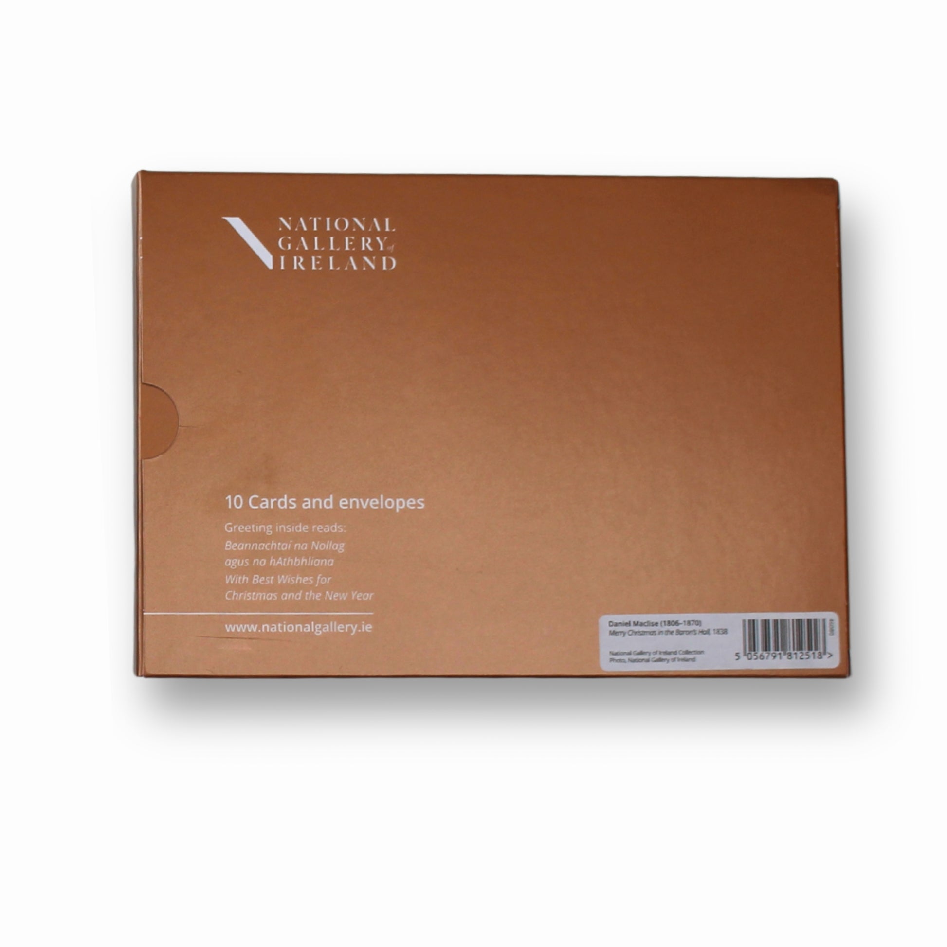 National Gallery of Ireland's Christmas card pack featuring Daniel Maclise's Merry Christmas in the Baron's Hall. Back of packaging shown.
