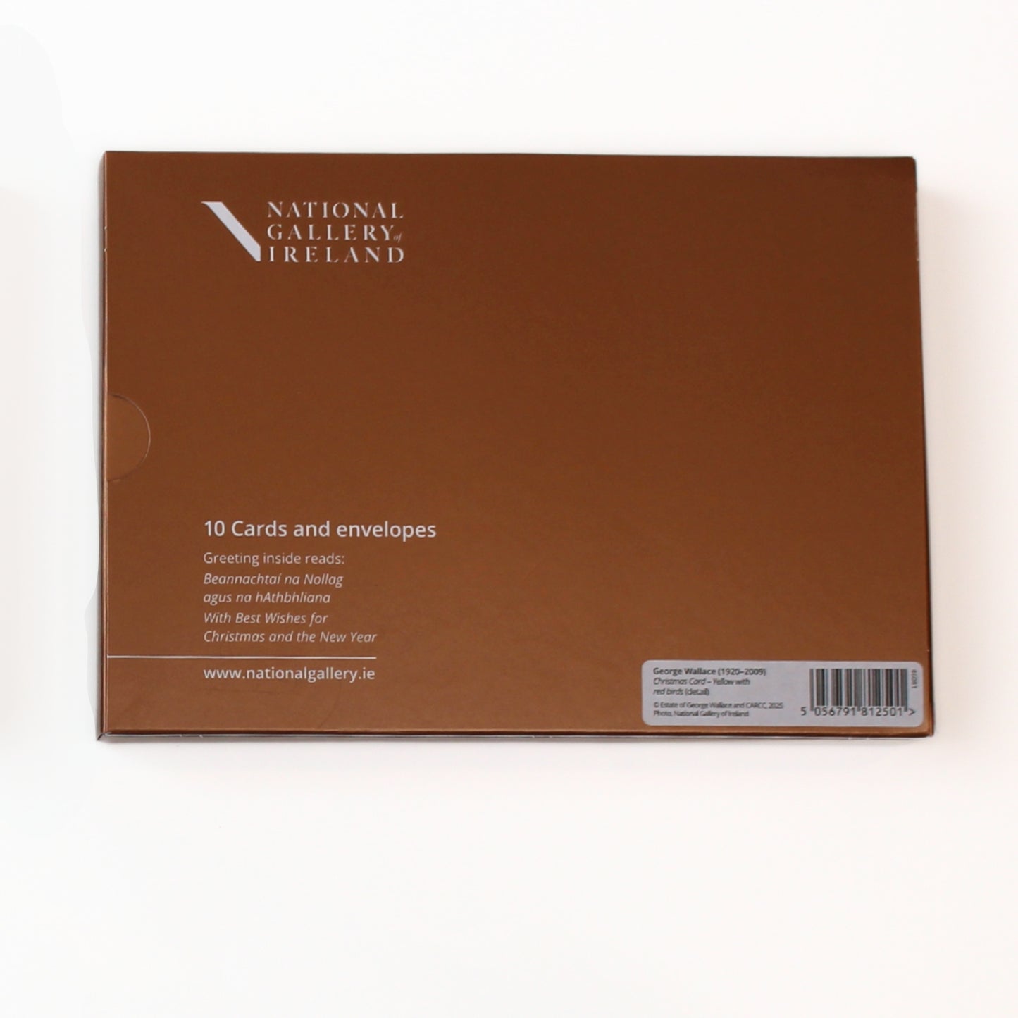 National Gallery of Ireland's Christmas card pack featuring George Wallace's Yellow with Red Birds. Back of packaging shown.
