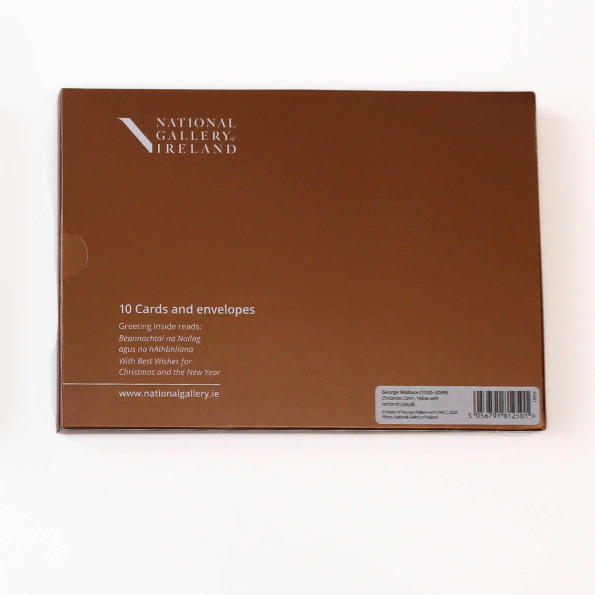 National Gallery of Ireland's Christmas card pack featuring George Wallace's Yellow with Red Birds. Back of packaging shown.