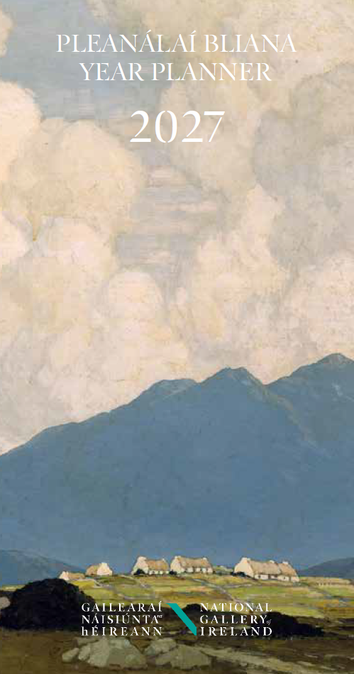 2027 Year Planner cover featuring a landscape painting of mountains, small houses, and a cloudy sky, with white text and a small teal diagonal accent.