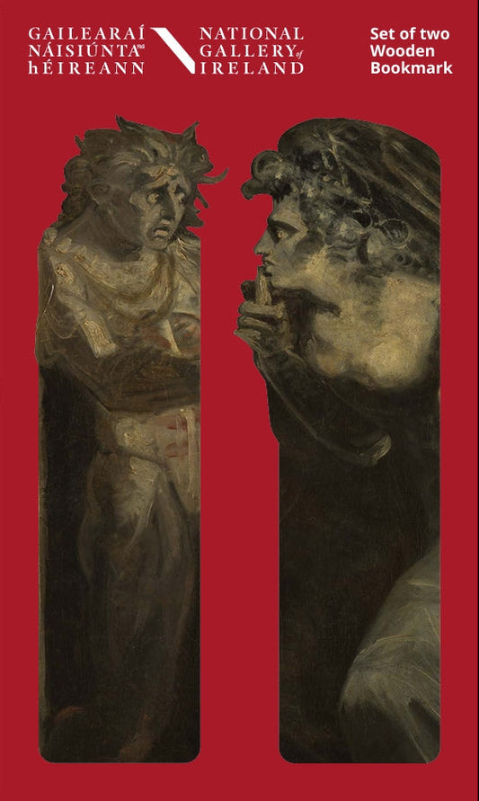 Design view of two wooden bookmarks - figures from 'Lady Macbeth Seizing the Daggers' by Fuseli. Shown on red packaging, featuring the National Gallery of Ireland branding