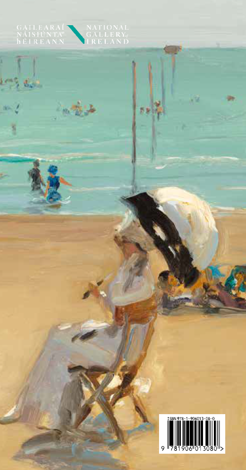 An impressionist-style beach painting showing a seated woman in a white dress and large white-and-black sun hat on a sandy shore, with the sea and small beachgoers in the background. Text at the top reads 'GALLERAI NAISIUNTA HEIREANN NATIONAL GALLERY IRELAND,' and a barcode appears at the bottom right.