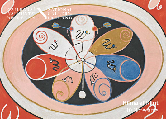 A colorful abstract notecard box cover design featuring a stylized flower-like motif with pink, red, blue, tan, white, and black sections, with the text 'National Gallery Ireland' and 'Hilma af Klint 10 Notecards' visible.