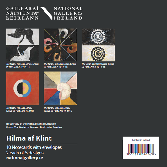 Back cover of a Hilma af Klint Notecards set published by the National Gallery, Ireland. The dark gray cover features the gallery's logo, five sample abstract art prints, product details ('Hilma af Klint', '10 Notecards with envelopes', '2 each of 5 designs'), and a barcode.