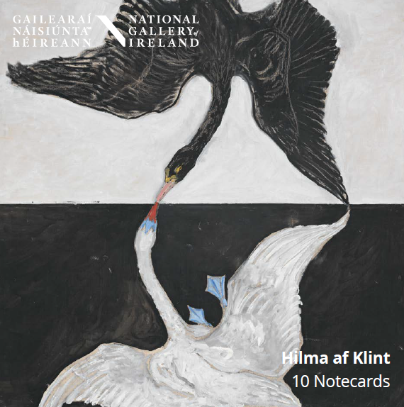 Notecard box cover featuring a black and white art print of two swans, with the National Gallery Ireland logo and text 'Hilma af Klint 10 Notecards'