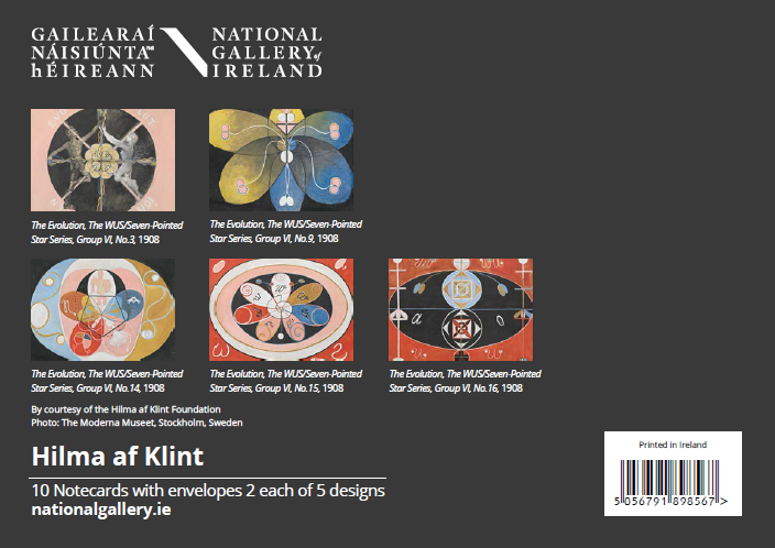 Back cover of a National Gallery Ireland notecard box featuring five circular abstract art card designs by Hilma af Klint, with text, a barcode, and the National Gallery Ireland logo on a dark gray background.