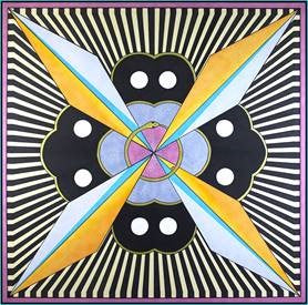 A square abstract art cushion cover featuring a symmetrical geometric design with black and white striped rays, yellow and light blue angular shapes, and a central pink and purple flower motif.