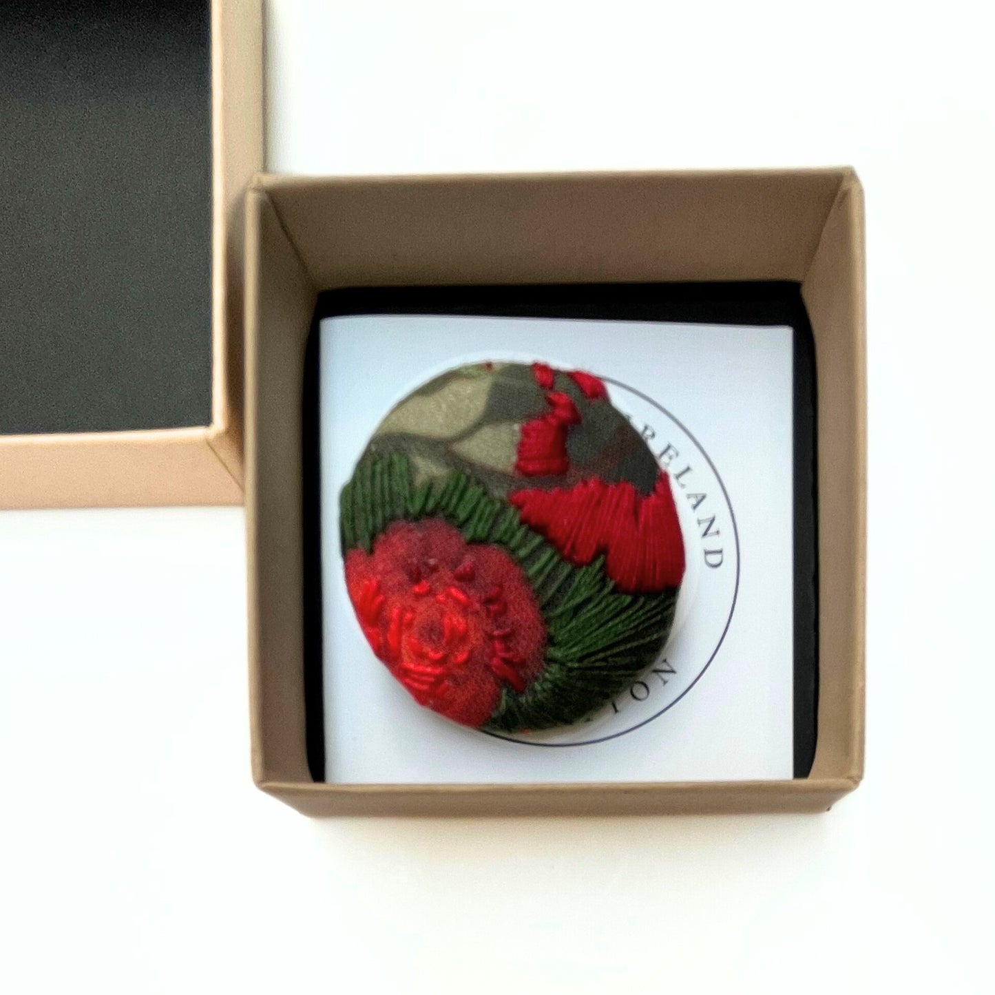 Anita Reynolds brooch based on Vase of Flowers with an Ear of Corn by Ruysch in its box