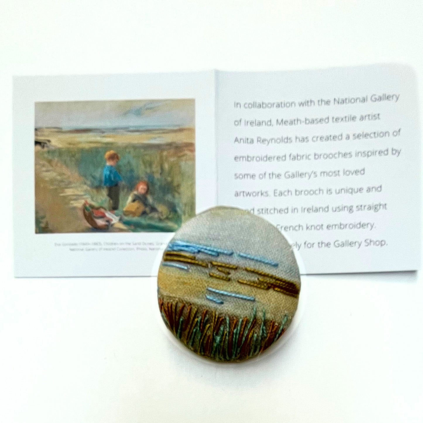 Anita Reynolds brooch based on Eva Gonzalès's Children on the Sand Dunes  with card insert
