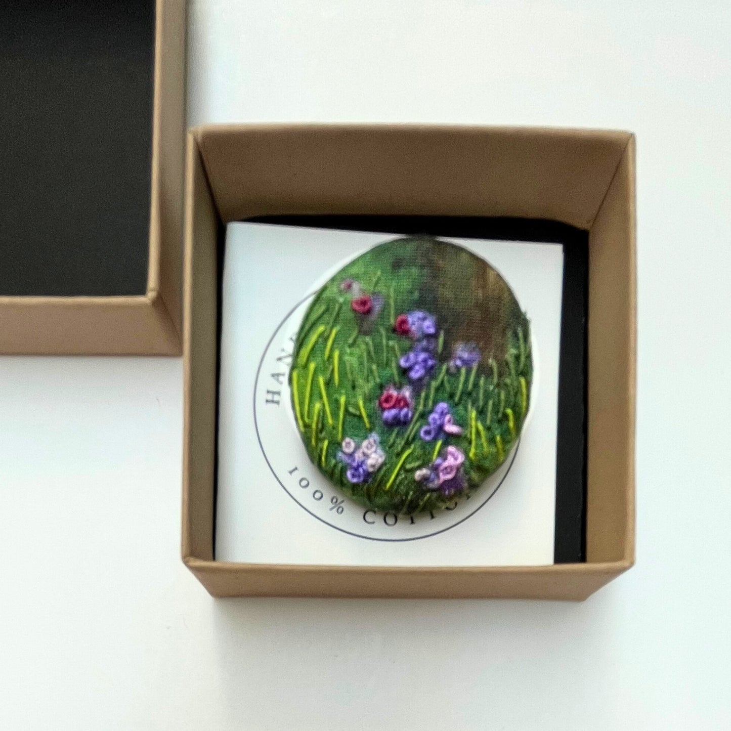 Anita Reynolds brooch based on Butler's Lilac Phlox, Kilmurry in its box