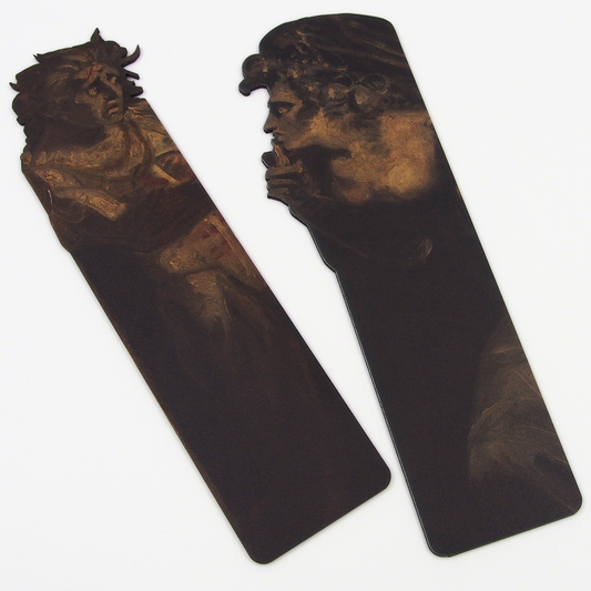 View of two wooden bookmarks - figures from 'Lady Macbeth Seizing the Daggers' by Fuseli. Shown on a white background 