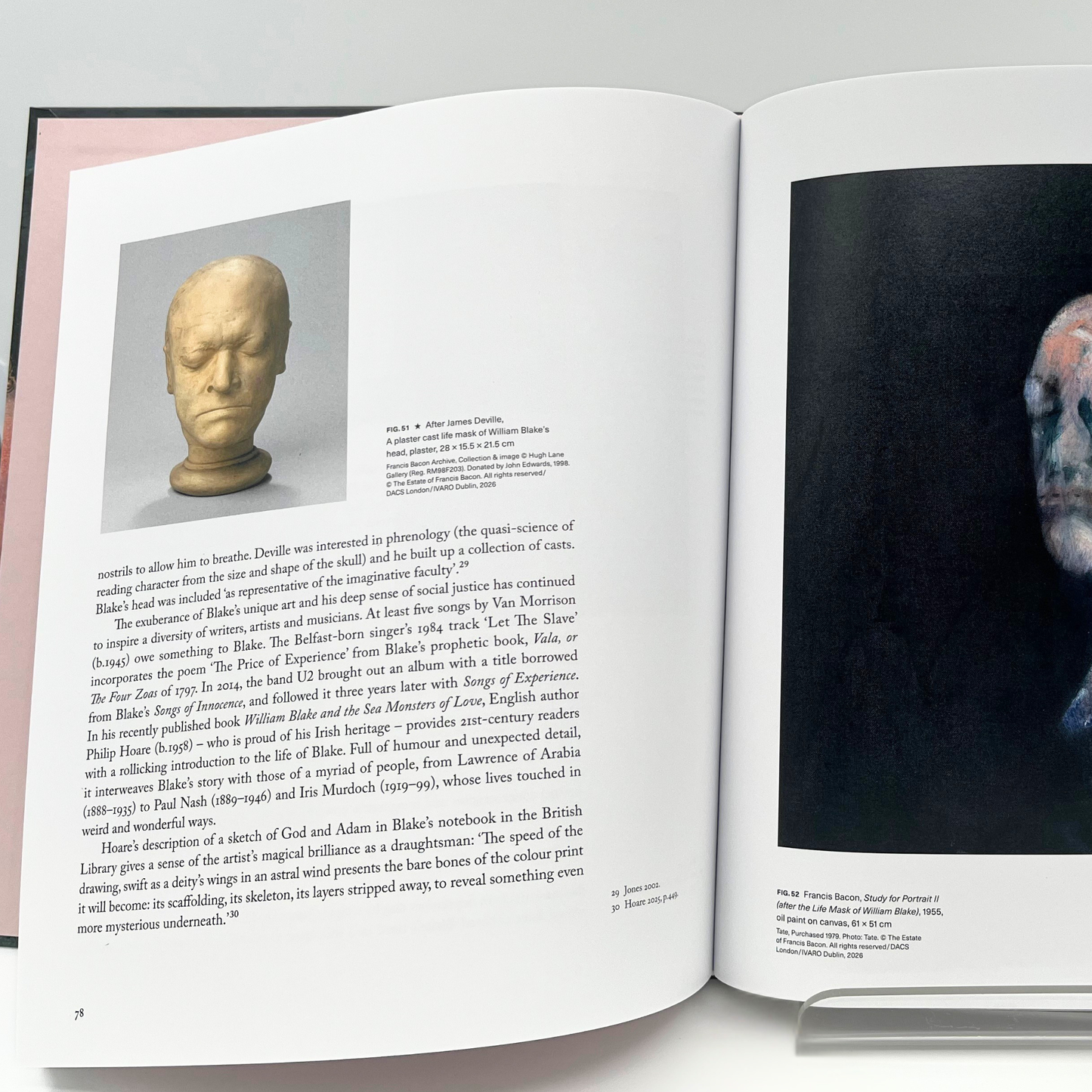 Open pages of the NGI Publication 'William Blake The age of Romantic Fantasy' showing a life mask of William Blake and Francis Bacon's portrait of it, alongside catalogue text.