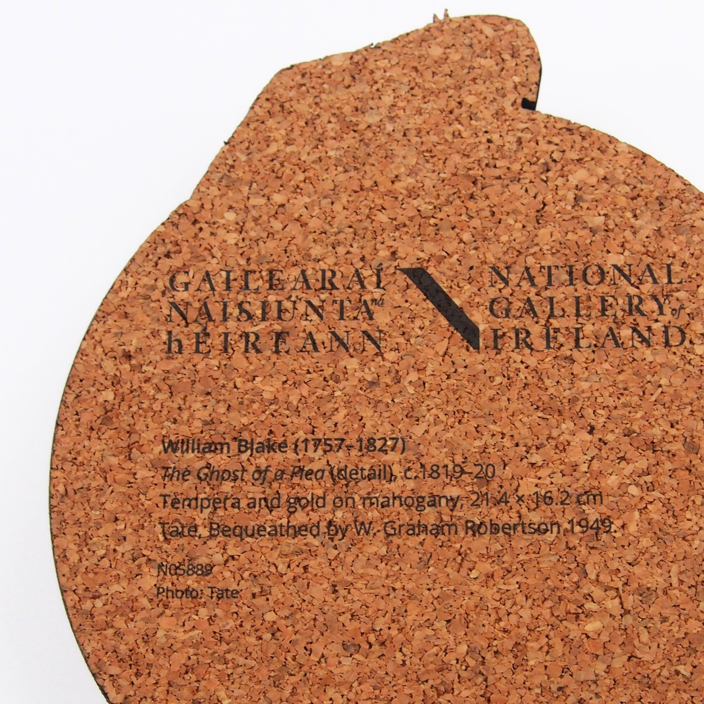 Back view of cork coaster from William Blake exhibition at the National Gallery of Ireland with text about the image