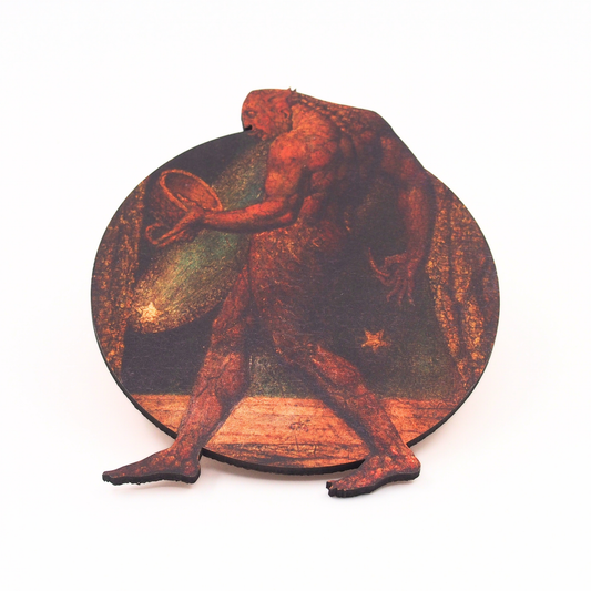 Side View of cork-backed coaster depicting 'The Ghost of a Flea' by William Blake
