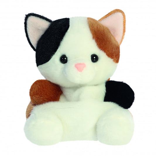 A plush calico cat toy with a white, black, and orange fur pattern, pink nose, and black eyes, sitting against a plain white background.